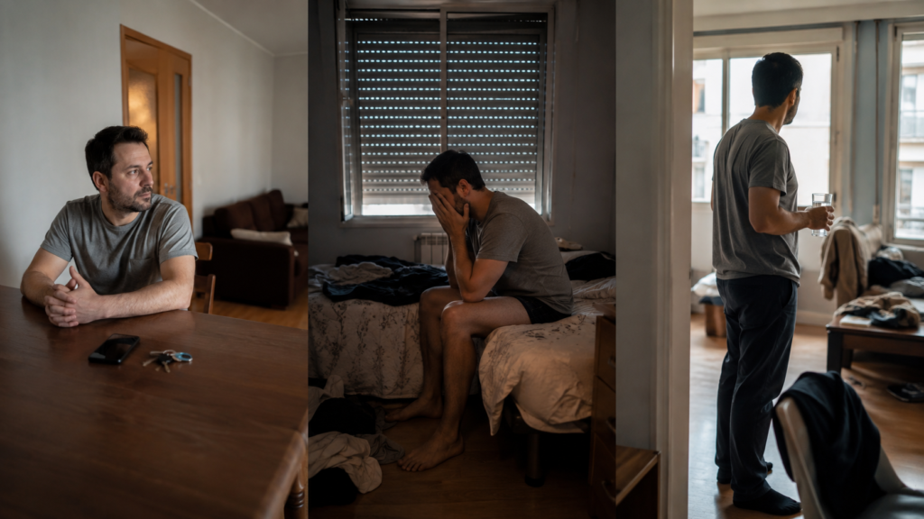 Tres momentos cotidianos que representan antes, durante y después de un episodio sin mostrar consumo
