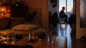 Restos de monkey sobre una mesa con un hombre al fondo