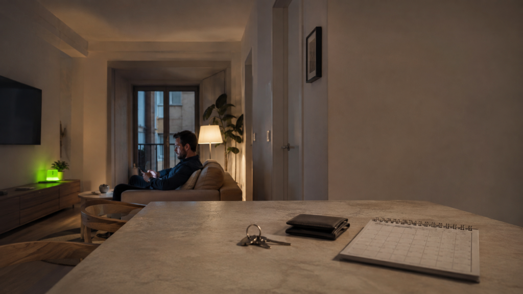 Hombre mirando el móvil en casa antes de una posible cadena de chemsex