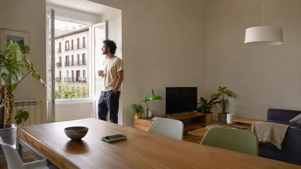 Hombre solo en un apartamento con el móvil sobre una mesa