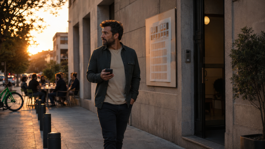 Hombre caminando con móvil entre distintos contextos sociales y urbanos