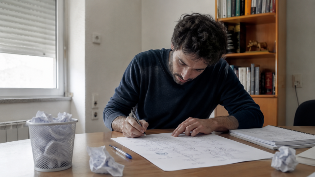 Profesional corrigiendo un esquema clínico con varias hipótesis tachadas y revisadas