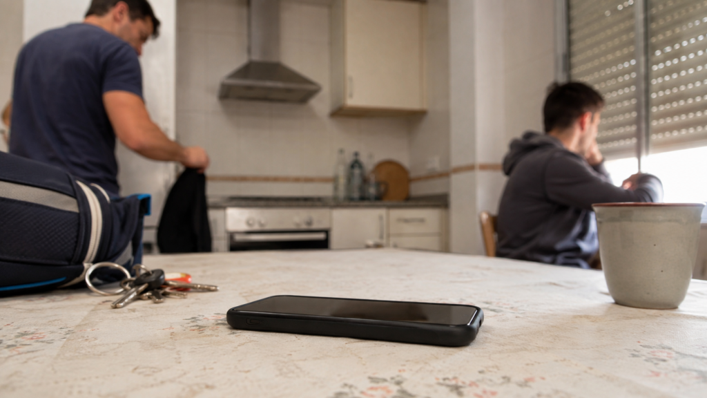 Móvil sobre una mesa cotidiana con señales de contextos diferentes alrededor
