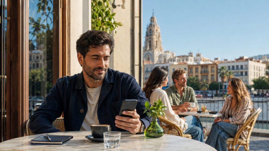 Hombre mirando el móvil en una cafetería con personas al fondo
