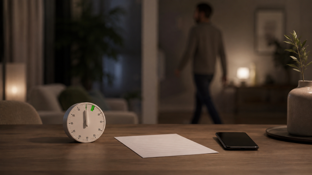 Temporizador, hoja de plan y móvil sobre una mesa durante una noche