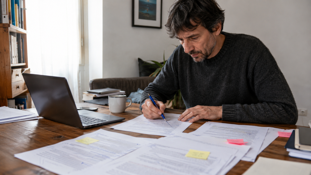 Persona revisando y corrigiendo varias versiones impresas de un documento clínico