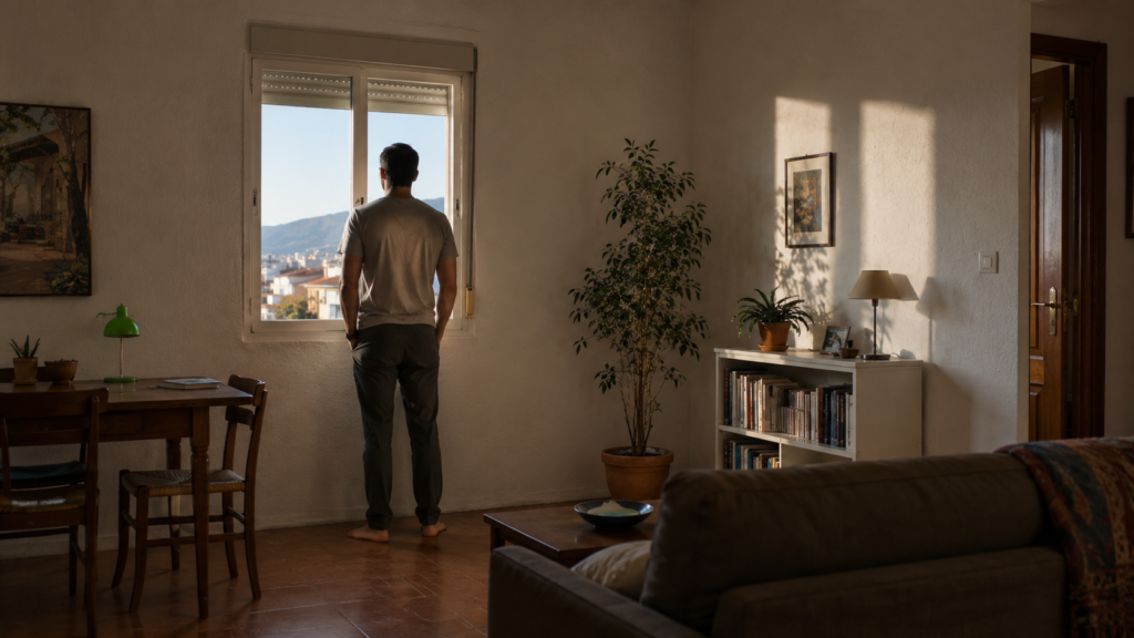 Hombre junto a una ventana en una escena que sugiere el paso gradual del tiempo