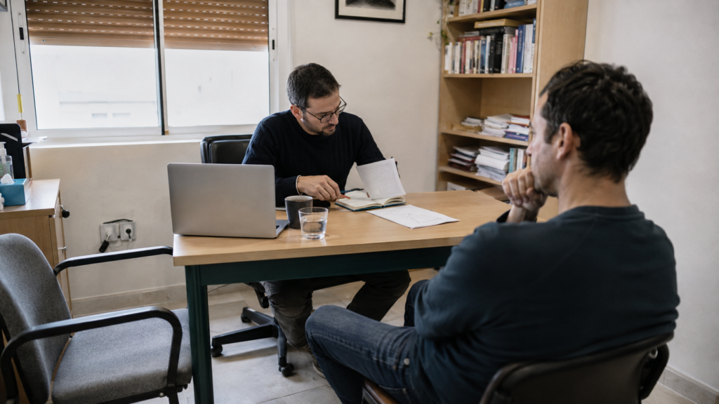 Psicólogo revisando notas y un esquema de formulación en una consulta cotidiana