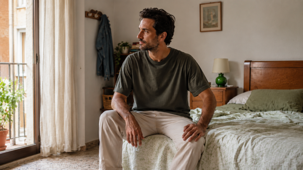 Hombre sentado tranquilamente en un dormitorio luminoso
