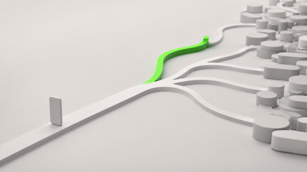Ilustración de una ruta que se bifurca junto a un móvil abstracto